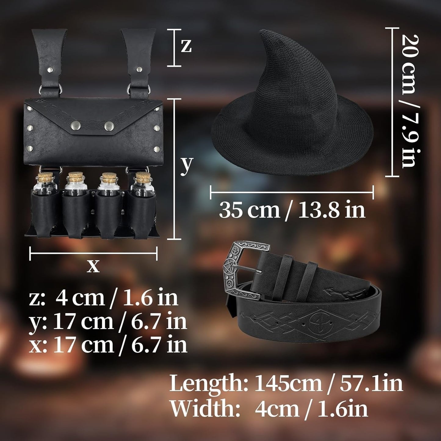 Witch Hat Belt Pouch Potion Vials Set Medieval Alchemy Cosplay Ren Faire 3PC