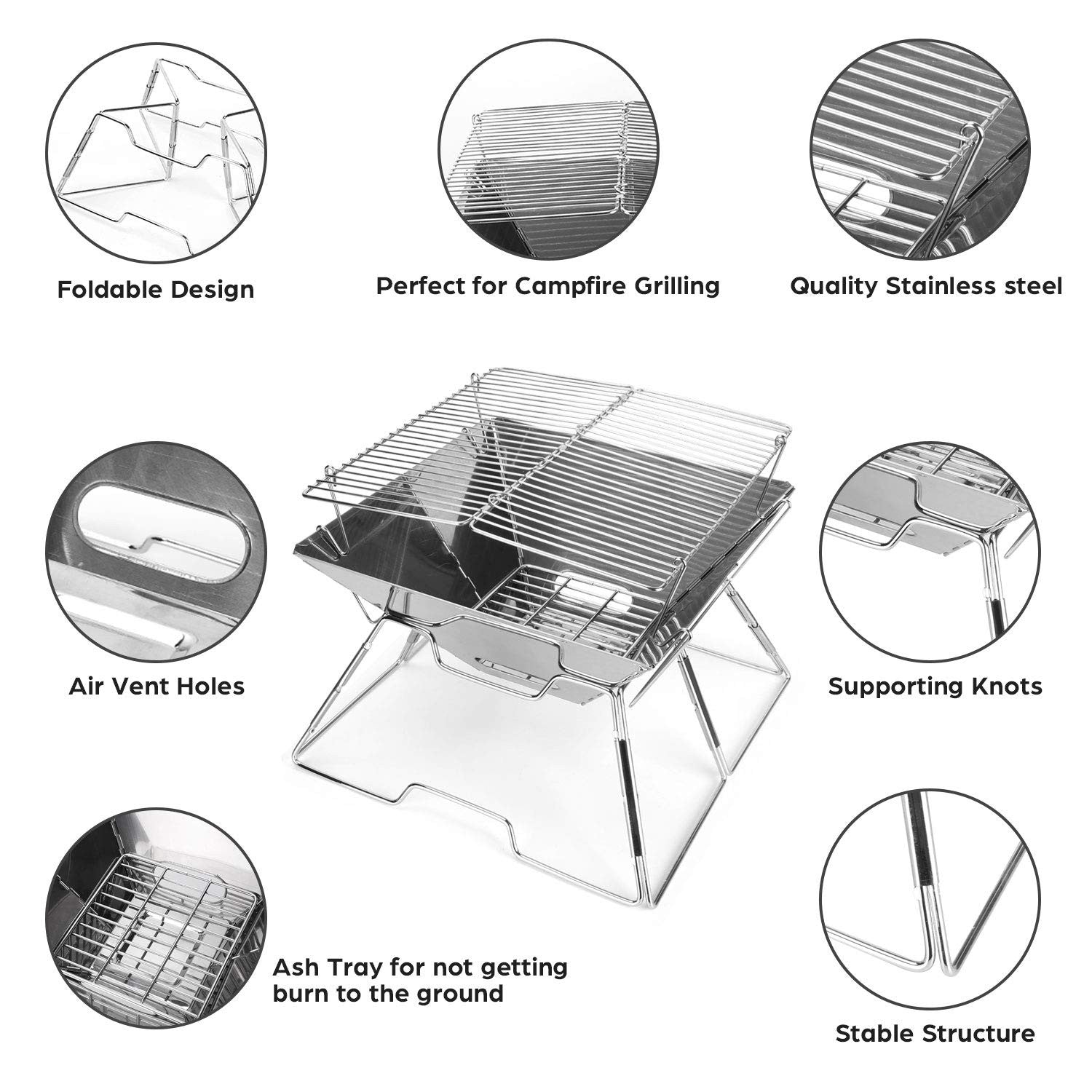 Odoland Portable Collapsible Campfire Grill Fire Pit 304 Stainless Steel Outdoor