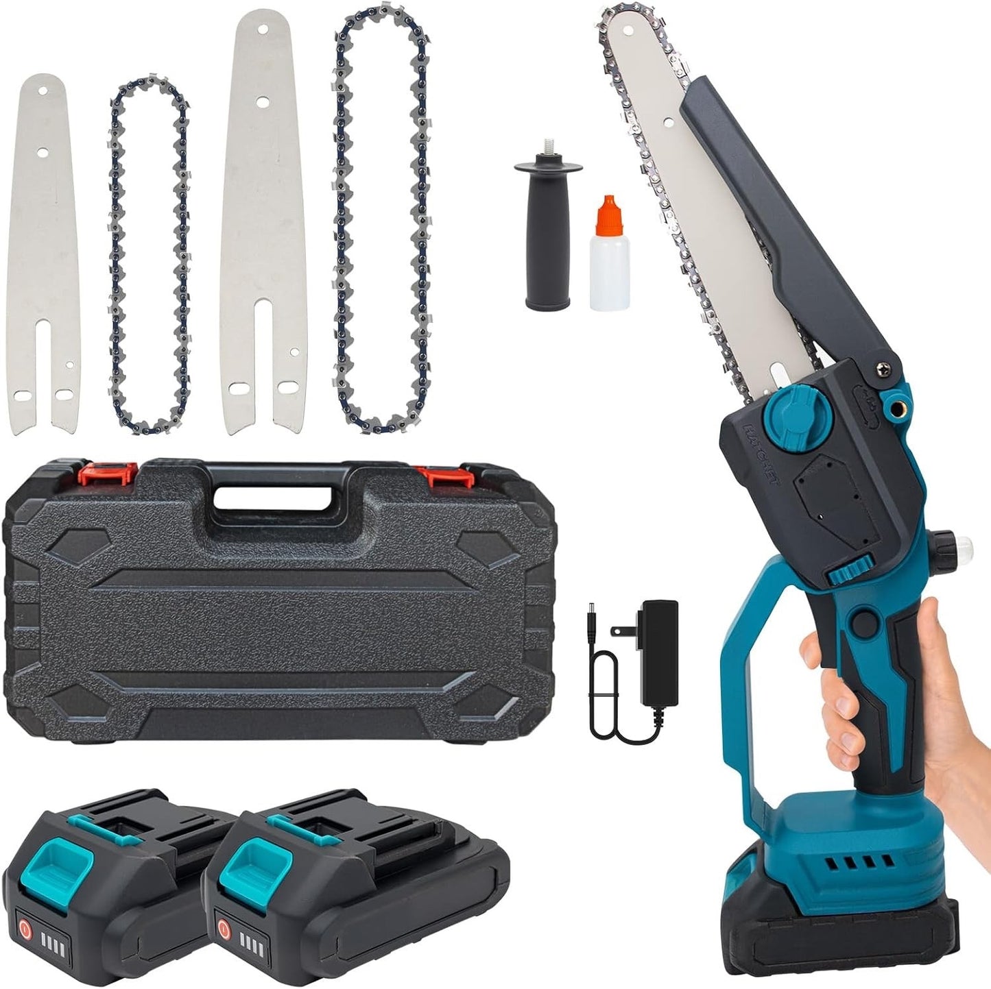Cordless Mini Chainsaw Pruner 6 8 Inch Brushless 2 Batteries 4 Chains Kit Set