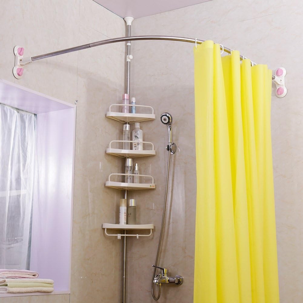Curved Shower Curtain Rod 95.5cm Corner Rail Suction or Drill Mount Steel
