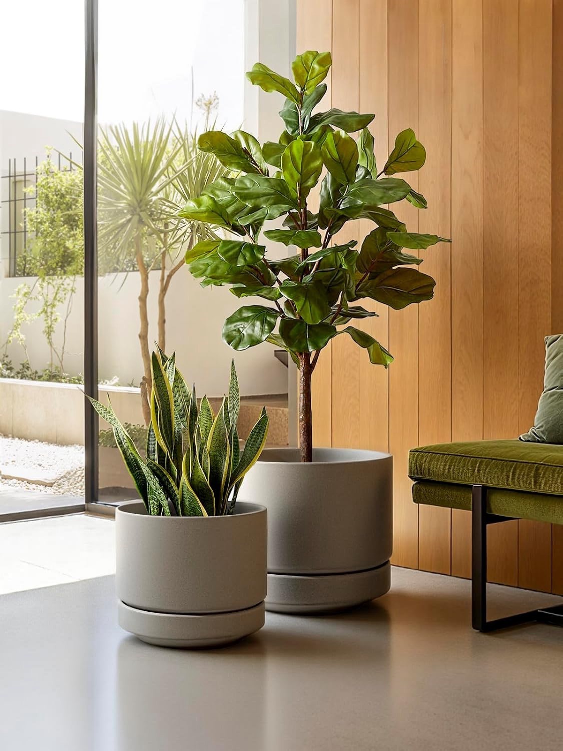 Le TAUCI Ceramic Plant Pot Grey 30 cm Large Planter With Saucer Indoor Outdoor