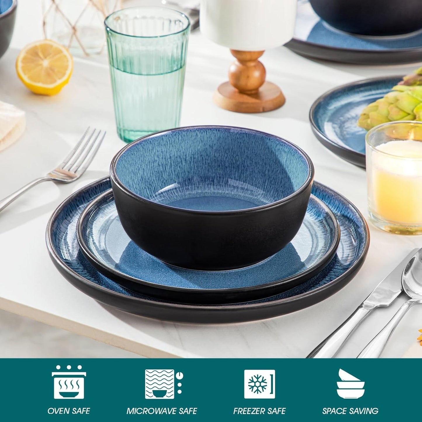 Ceramic Dinner Set Plates Bowls Blue Reactive Glaze Stoneware Tableware 17pc