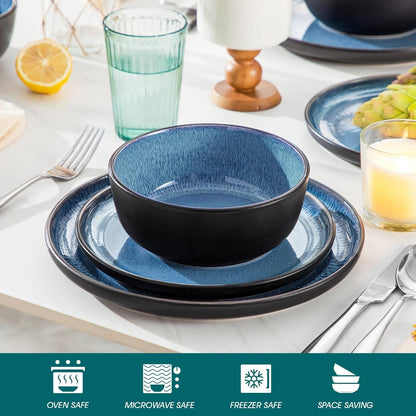 Ceramic Dinner Set Plates Bowls Blue Reactive Glaze Stoneware Tableware 17pc