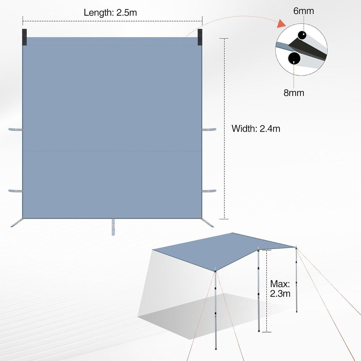 Campervan Awning Sun Canopy 250x240cm Waterproof Van Sunshade Rail Suction Cup K