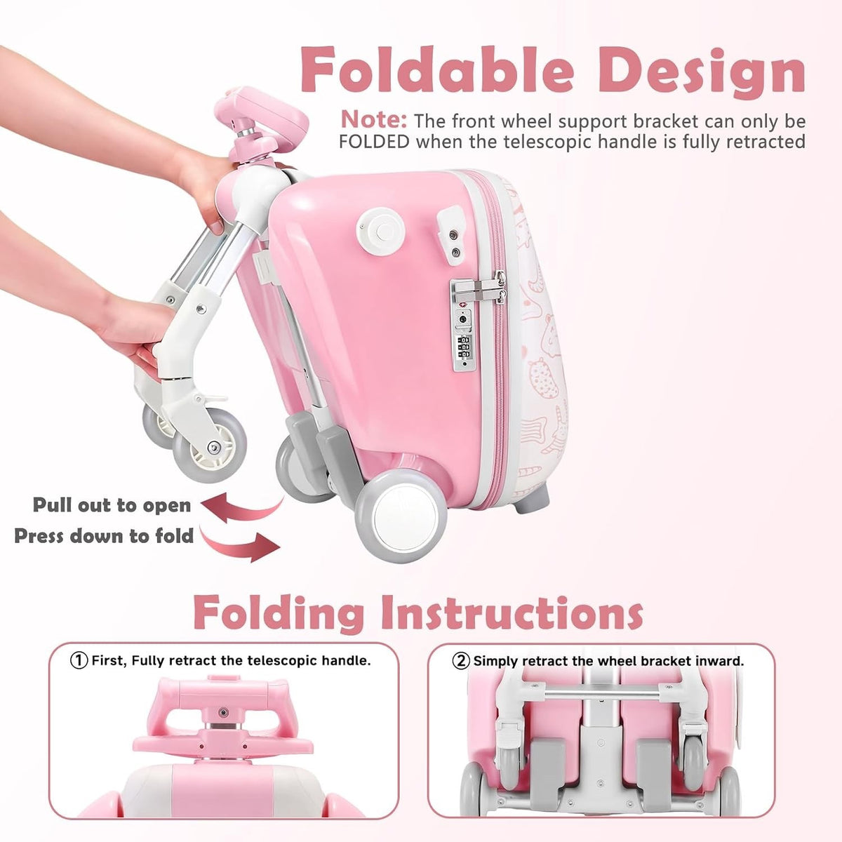 Kids Ride On Suitcase Luggage 20" 35L Carry On Trolley Seat Foldable Pink Travel