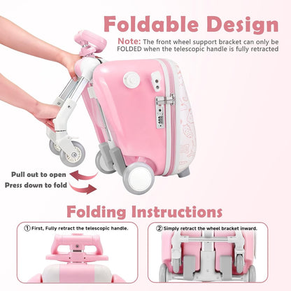 Kids Ride On Suitcase Luggage 20" 35L Carry On Trolley Seat Foldable Pink Travel