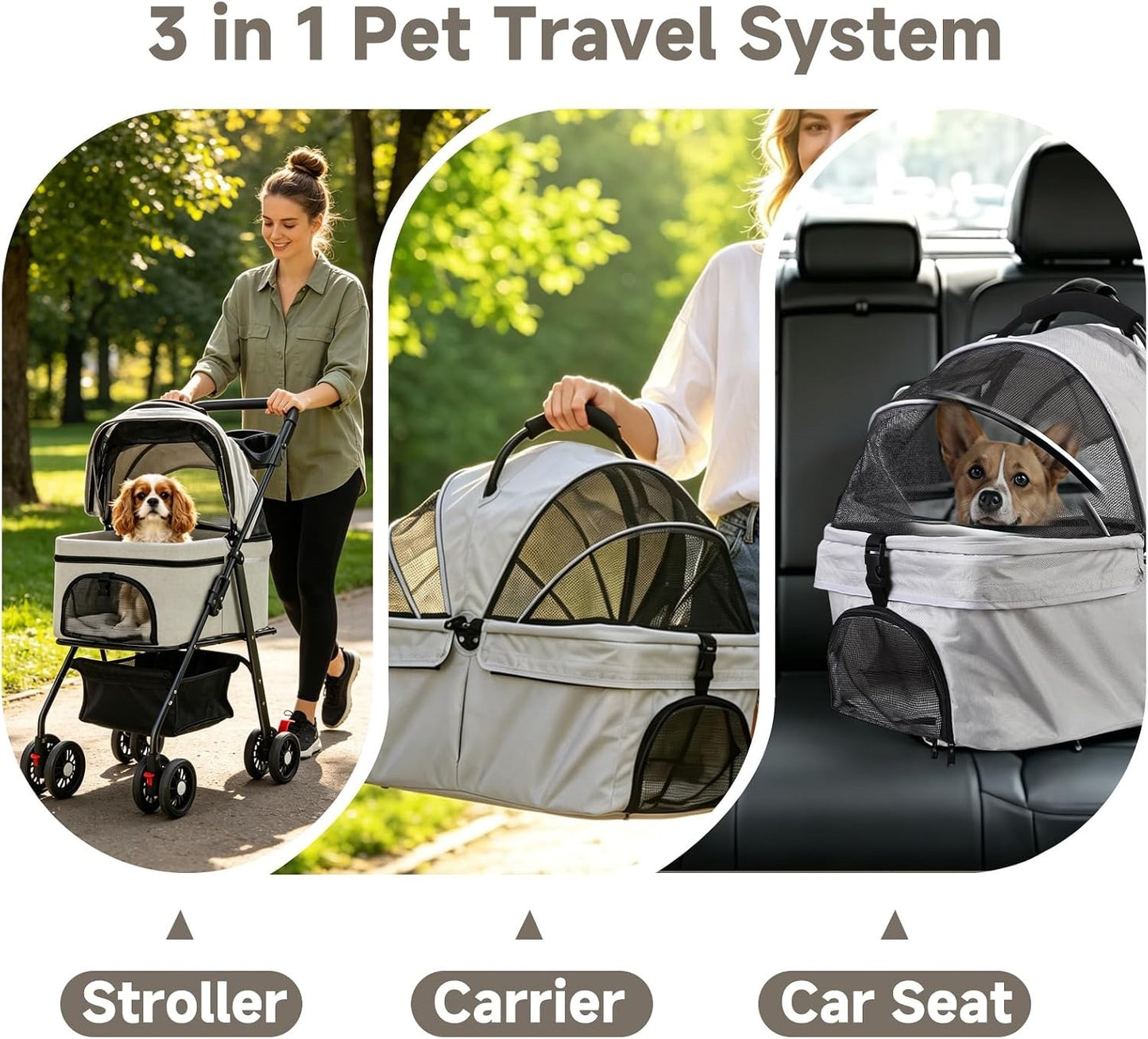 Pet Stroller Dog Pram 3-in-1 Cat Carrier Foldable 15kg Grey 4 Wheel Travel Bag