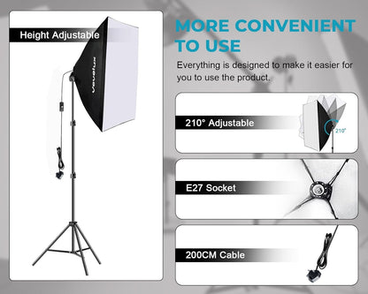Photography Softbox Lighting Kit 2x45W LED 50x70cm Dimmable Stands Remote 6600K