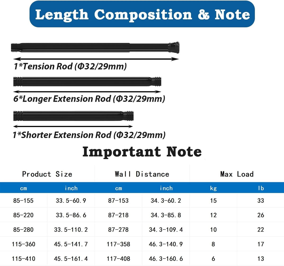 Tension Curtain Pole No Drill 115-410cm 32mm White Extra Long Shower Clothes