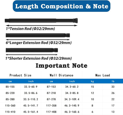 Tension Curtain Pole No Drill 115-410cm 32mm White Extra Long Shower Clothes