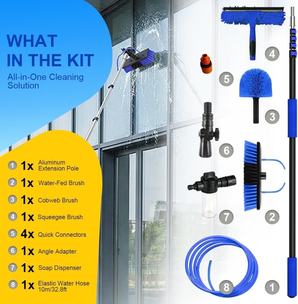 Water Fed Cleaning Pole 20ft Telescopic Solar Panel Window Brush Squeegee Kit