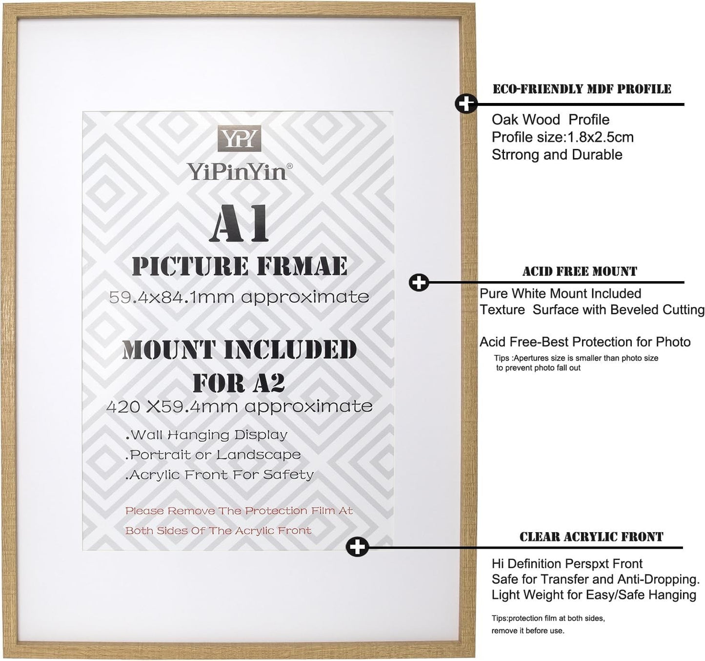 A1 Wooden Picture Frames Set of 3 With A2 Mount Wood Effect Poster Frame Wall