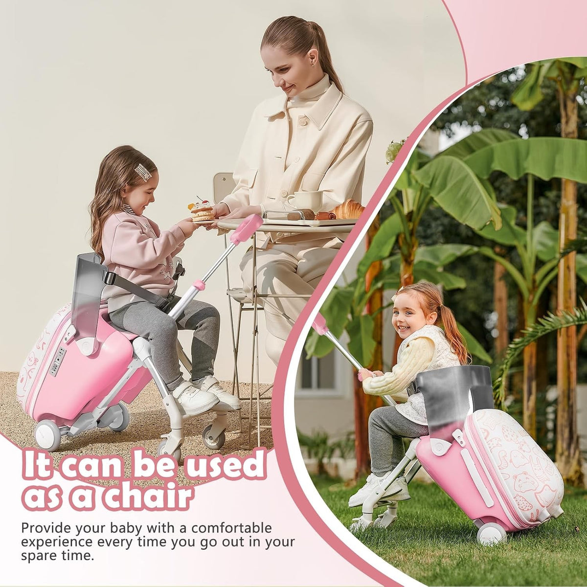 Kids Ride On Suitcase Luggage 20" 35L Carry On Trolley Seat Foldable Pink Travel