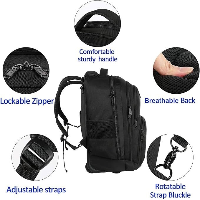 Rolling Laptop Backpack Trolley Wheeled Travel Bag 18 Inch 45L Cabin Black