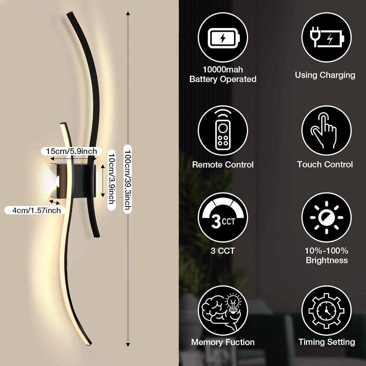Rechargeable Wall Sconce Lights 100cm Wireless Set of 2 Remote Control Dimmable