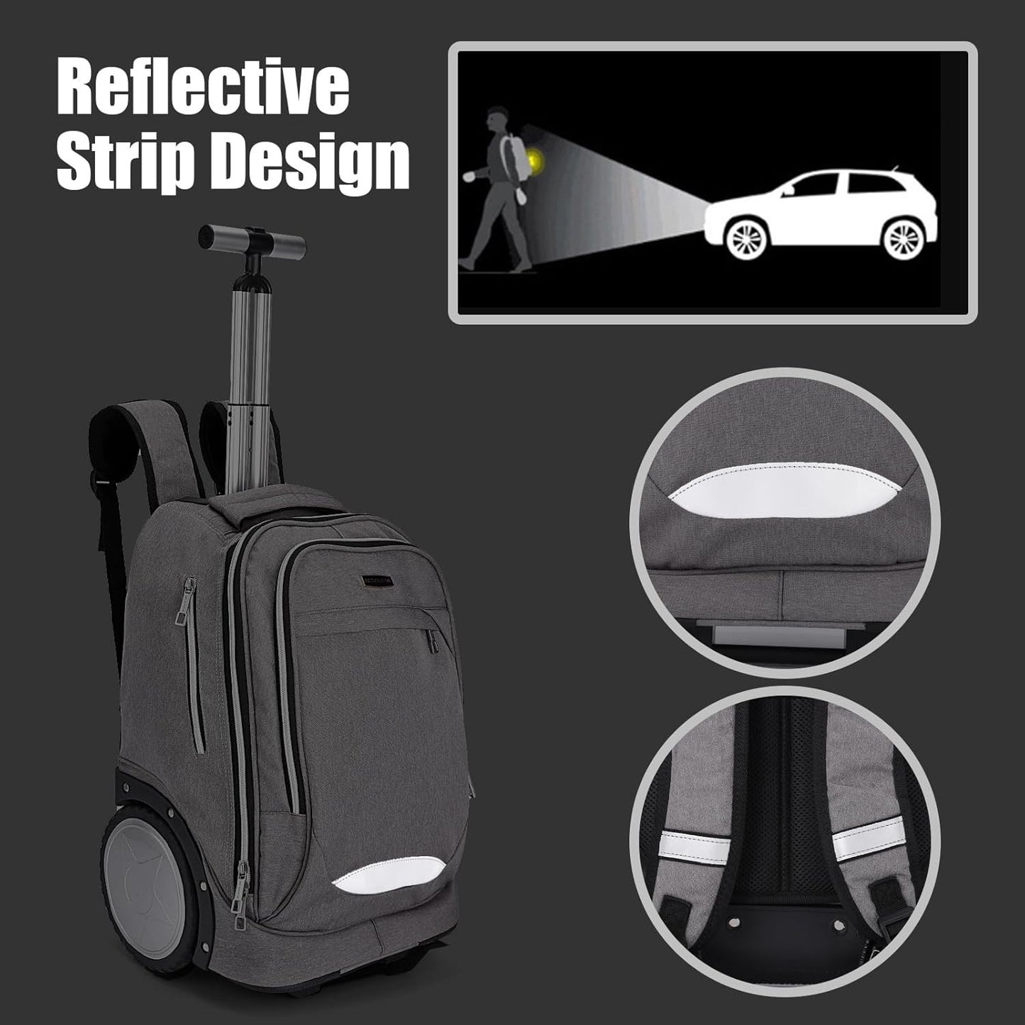 Rolling Backpack Trolley Bag 7in Wheels Laptop Travel Business Carry On Grey
