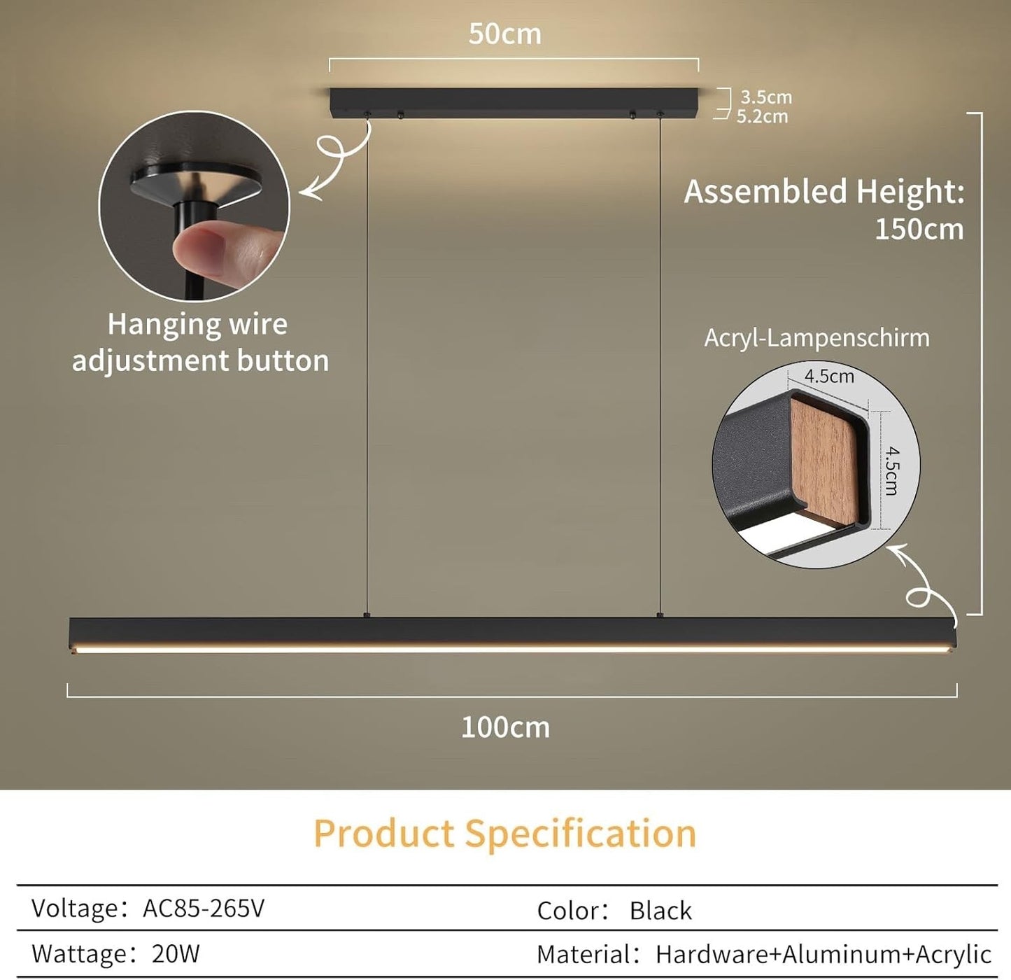 LED Linear Pendant Light 100cm Dimmable Remote Adjustable Kitchen Bar Lighting