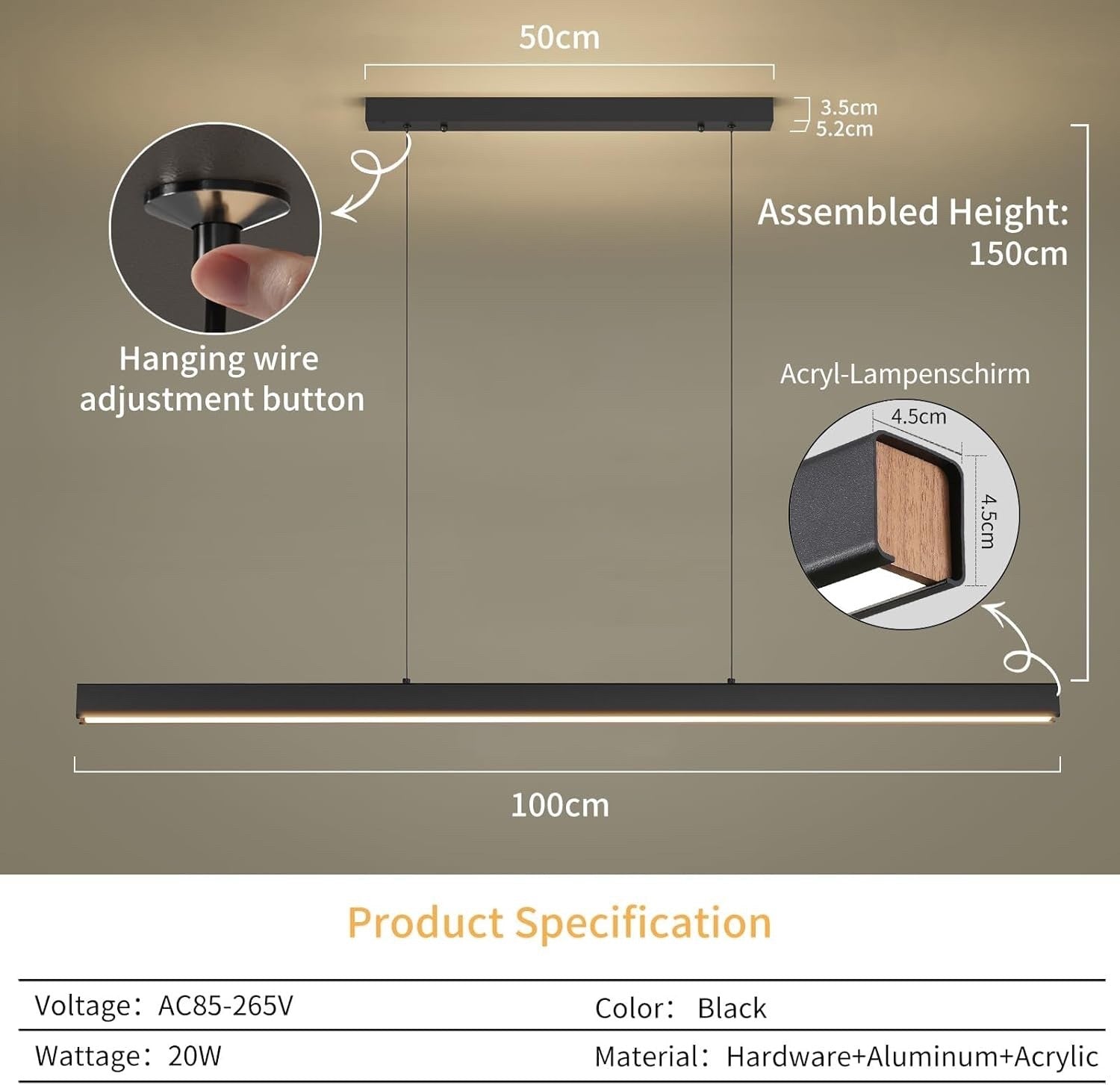 LED Linear Pendant Light 100cm Dimmable Remote Adjustable Kitchen Bar Lighting