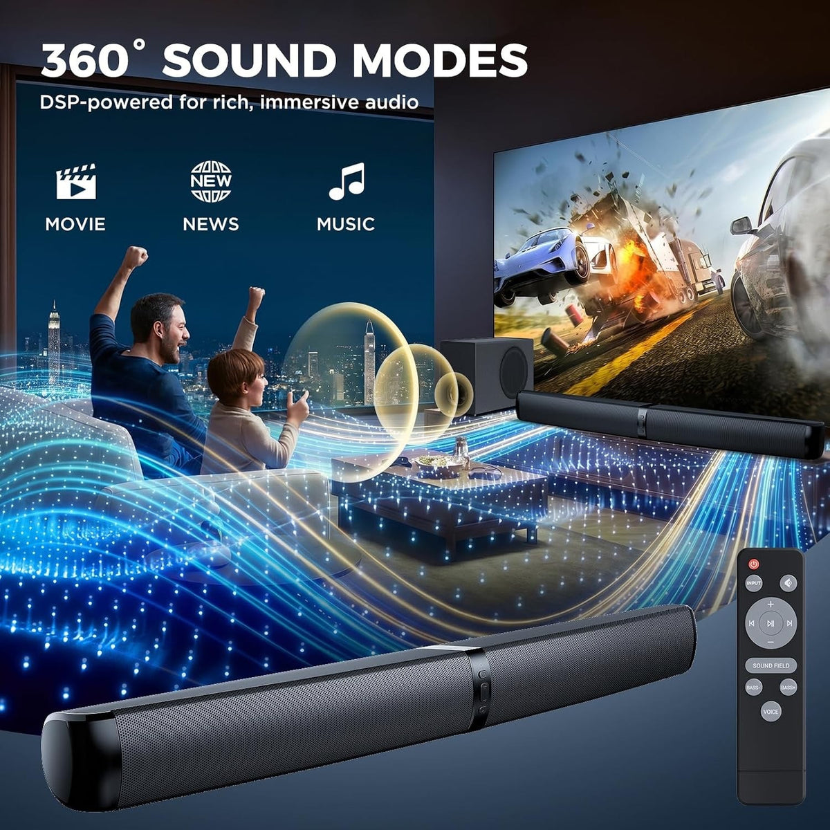 TV Soundbar Subwoofer Speaker 110W Bluetooth 5.3 Surround Sound Bass ARC Optical