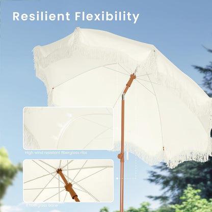 Fringed Beach Umbrella 2m Portable Parasol Ground Drill Ivory UPF50+ Sun Shade