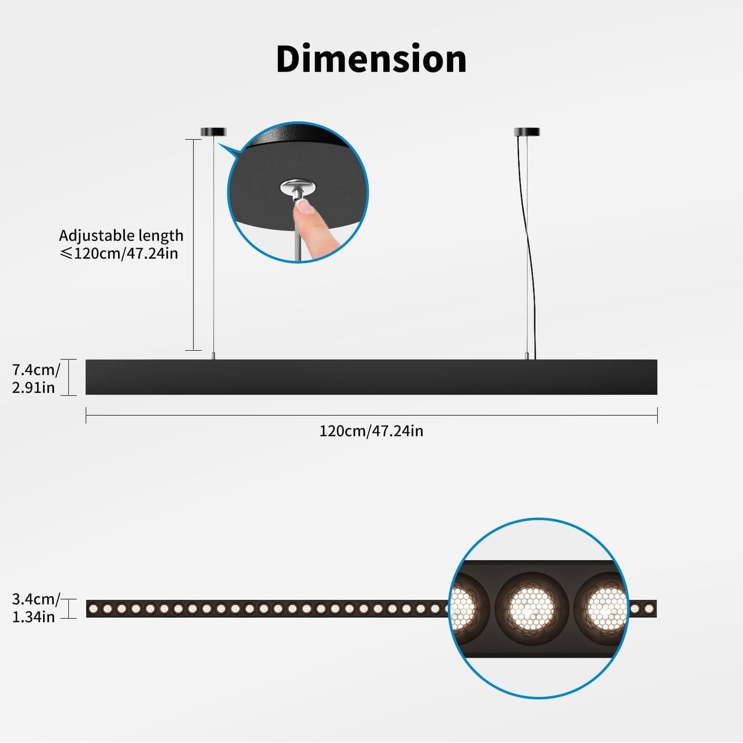 LED Pendant Light 120cm 38W Linear Kitchen Island Bar Black 4000K Adjustable
