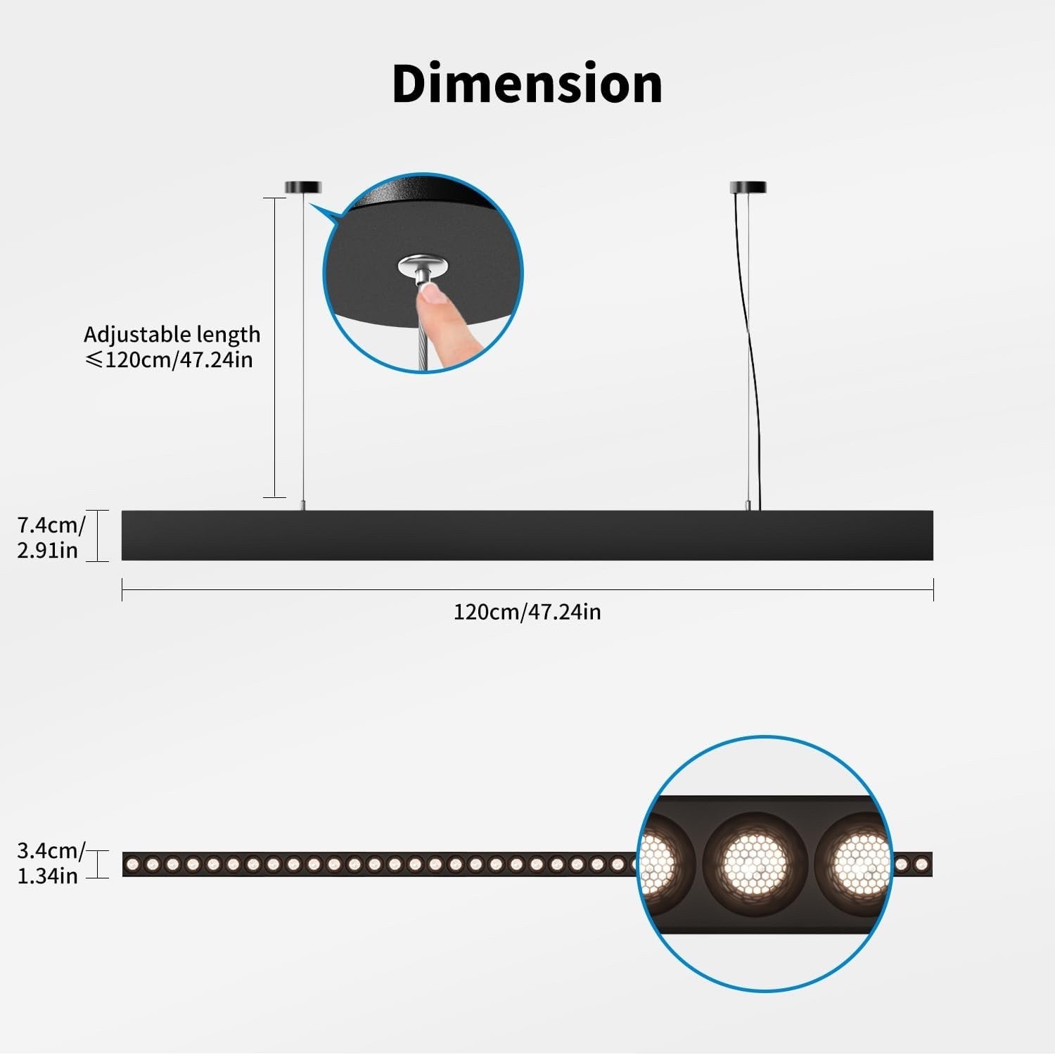 LED Pendant Light 120cm 38W Linear Kitchen Island Bar Black 4000K Adjustable