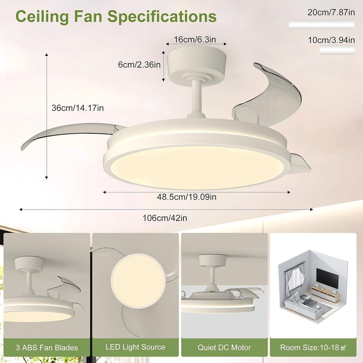 Ceiling Fan Light LED Remote Control 106cm Retractable Blades 6 Speed DC White