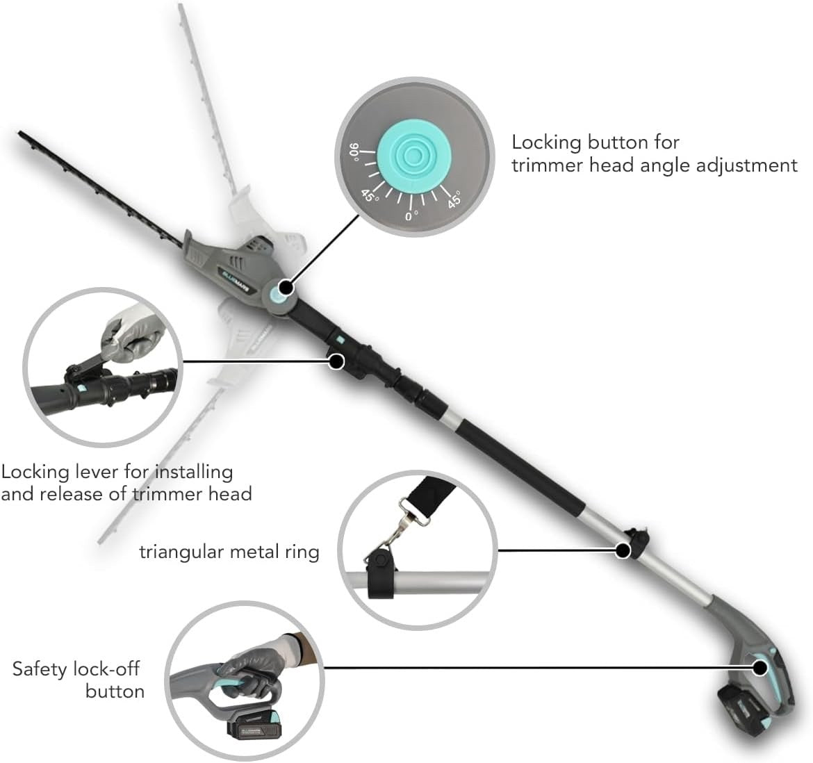 Cordless Telescopic Hedge Trimmer Long Reach 2x 2.0Ah Batteries
