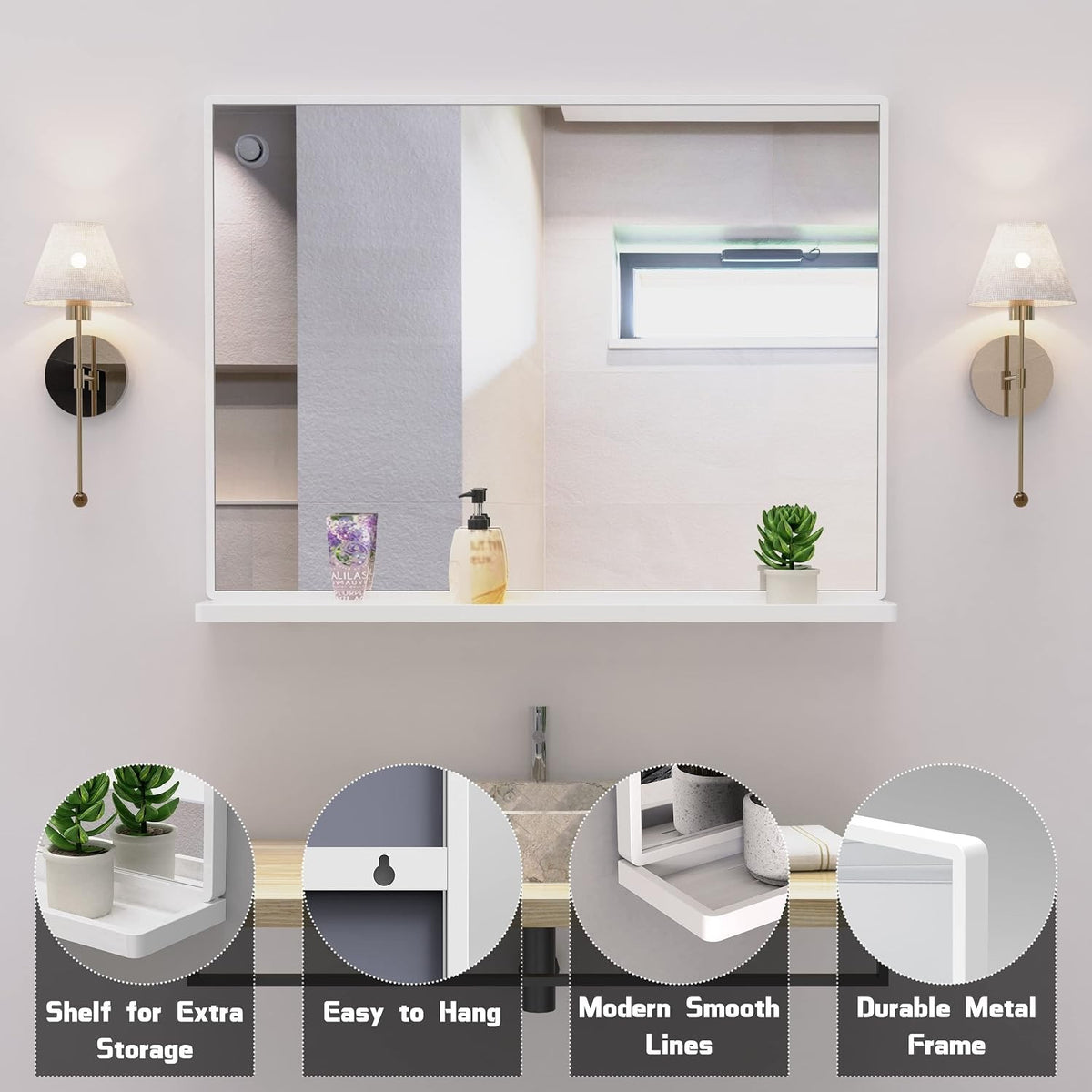 Bathroom Mirror Wall Shelf Rectangular 80.7x62cm White Metal Frame Modern Decor
