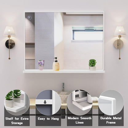 Bathroom Mirror Wall Shelf Rectangular 80.7x62cm White Metal Frame Modern Decor