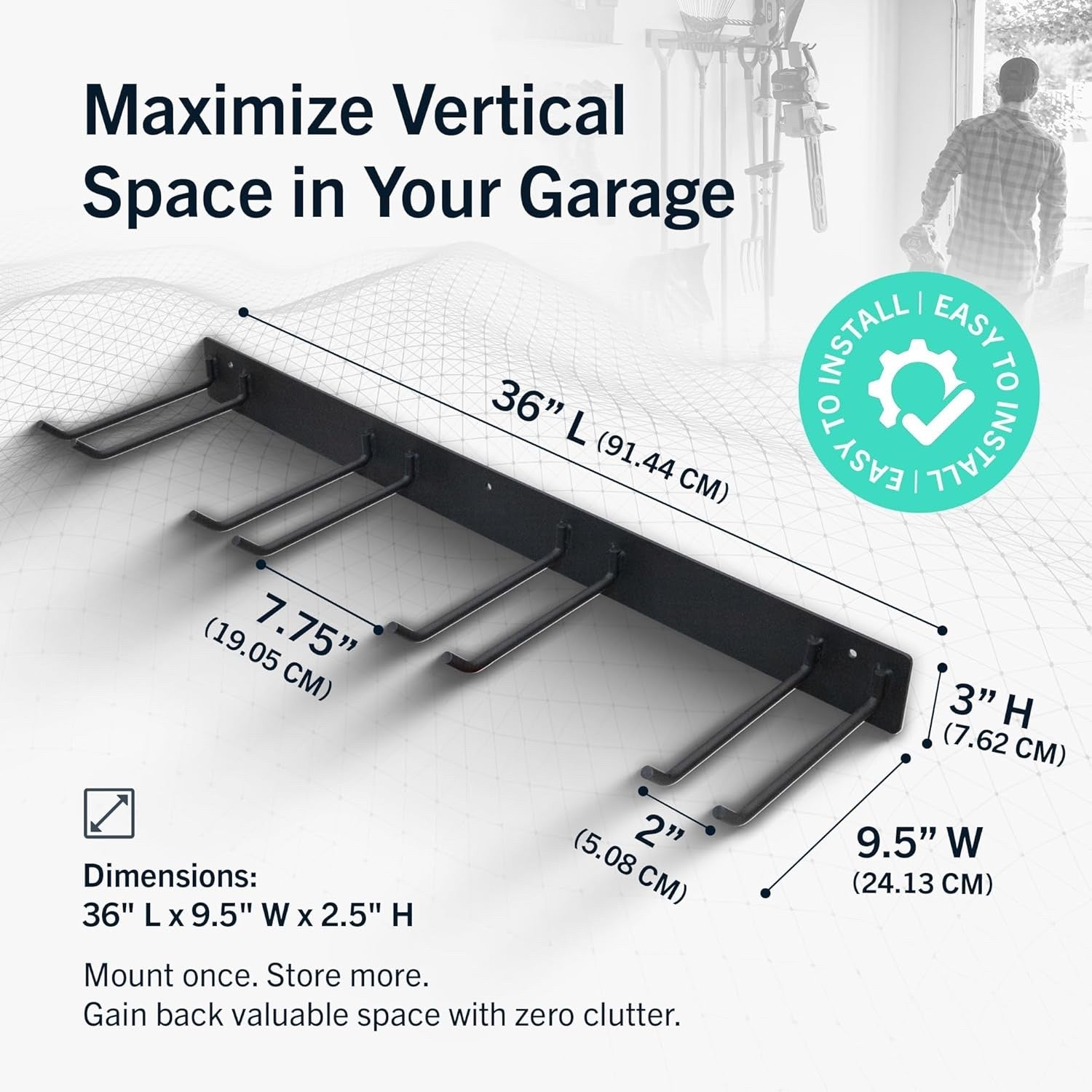 StoreYourBoard Wall-Mounted Tool Rack with 4 Heavy-Duty Garage Hooks