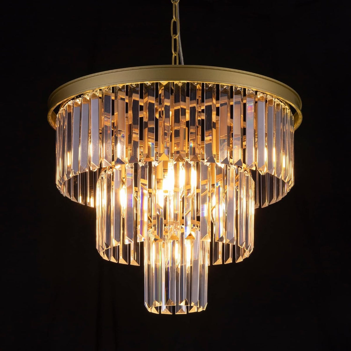 Crystal Chandelier Ceiling Light Gold 3 Tier 7 Lamp Modern Hanging Pendant 20"