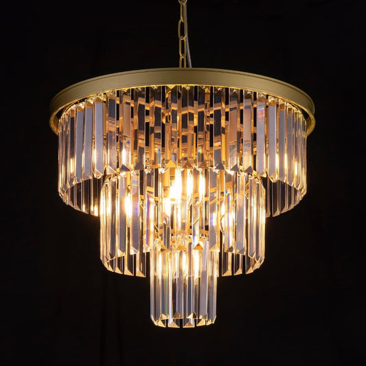 Crystal Chandelier Ceiling Light Gold 3 Tier 7 Lamp Modern Hanging Pendant 20"