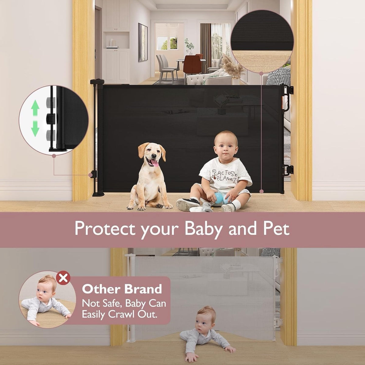 Baby Safety Gate Retractable Mesh 140cm Wide 84cm Black Stair Door Pet Barrier