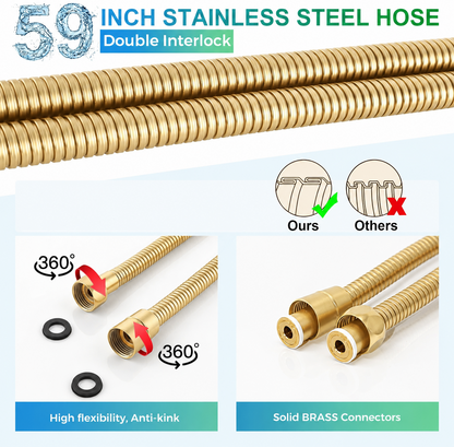 Shower Riser Rail Kit Brushed Gold Pressure Boost Head Hose Adjustable Holder