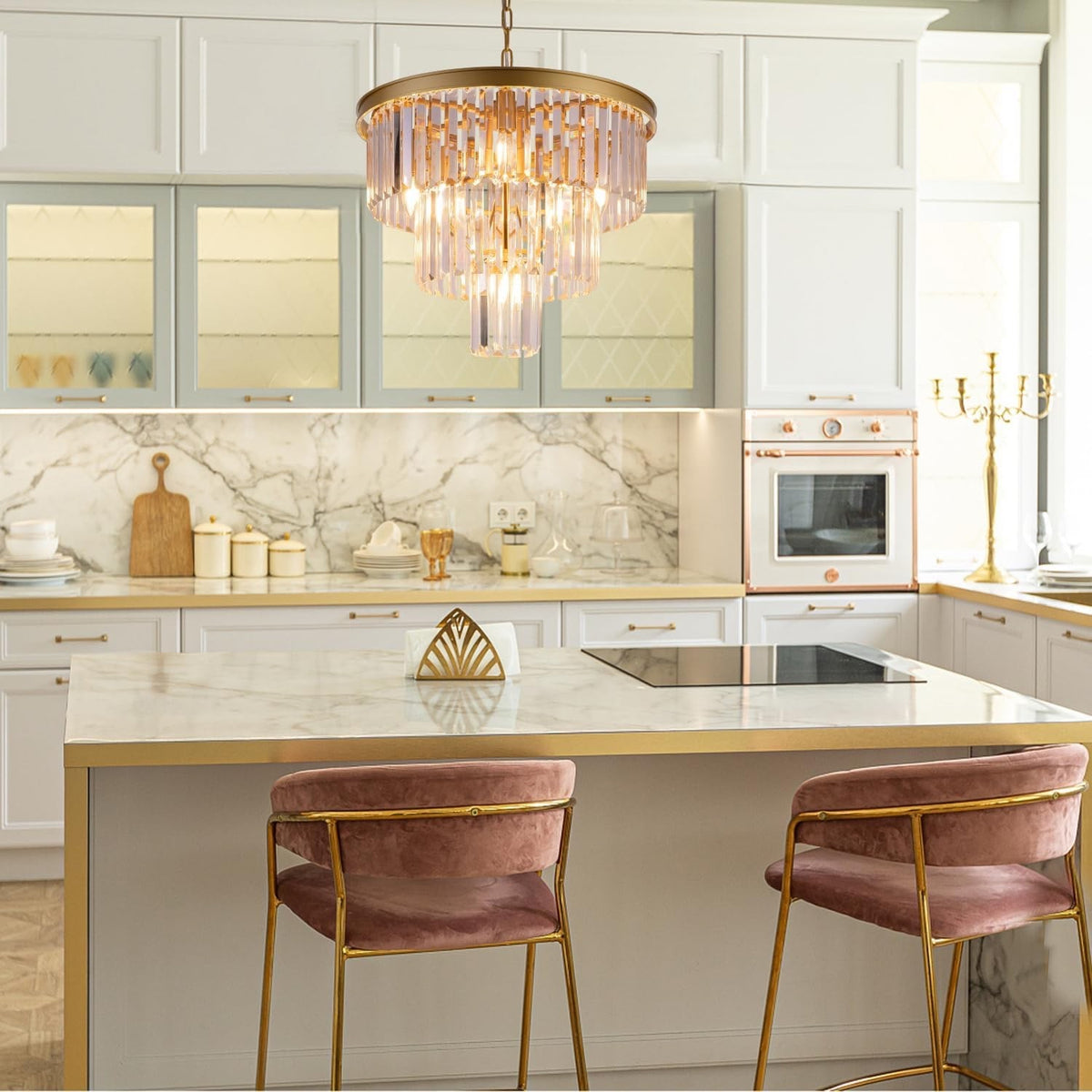 Crystal Chandelier Ceiling Light Gold 3 Tier 7 Lamp Modern Hanging Pendant 20"