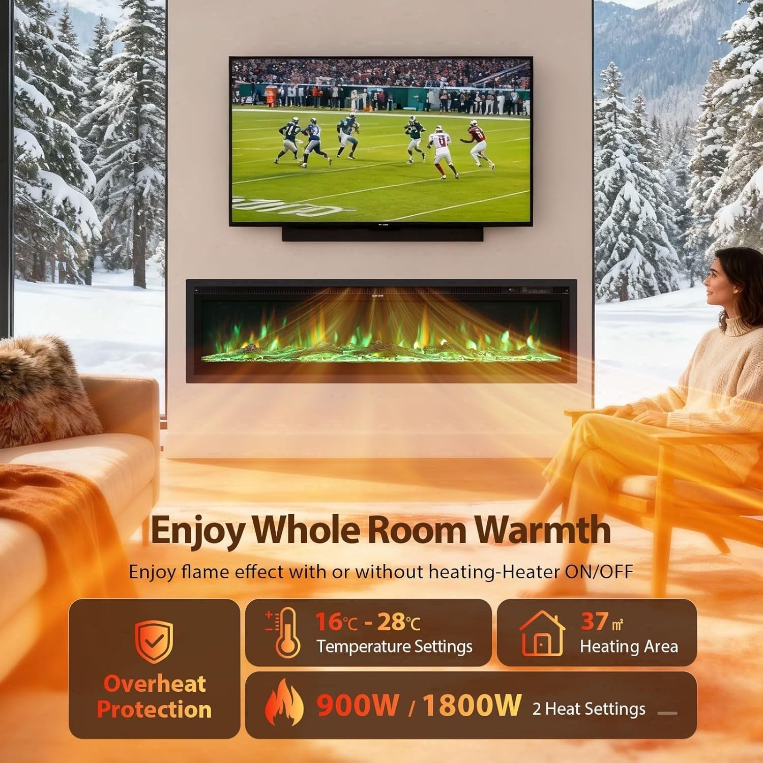 127cm Electric Fireplace Wall Mounted Recessed Freestanding LED Flame Heater