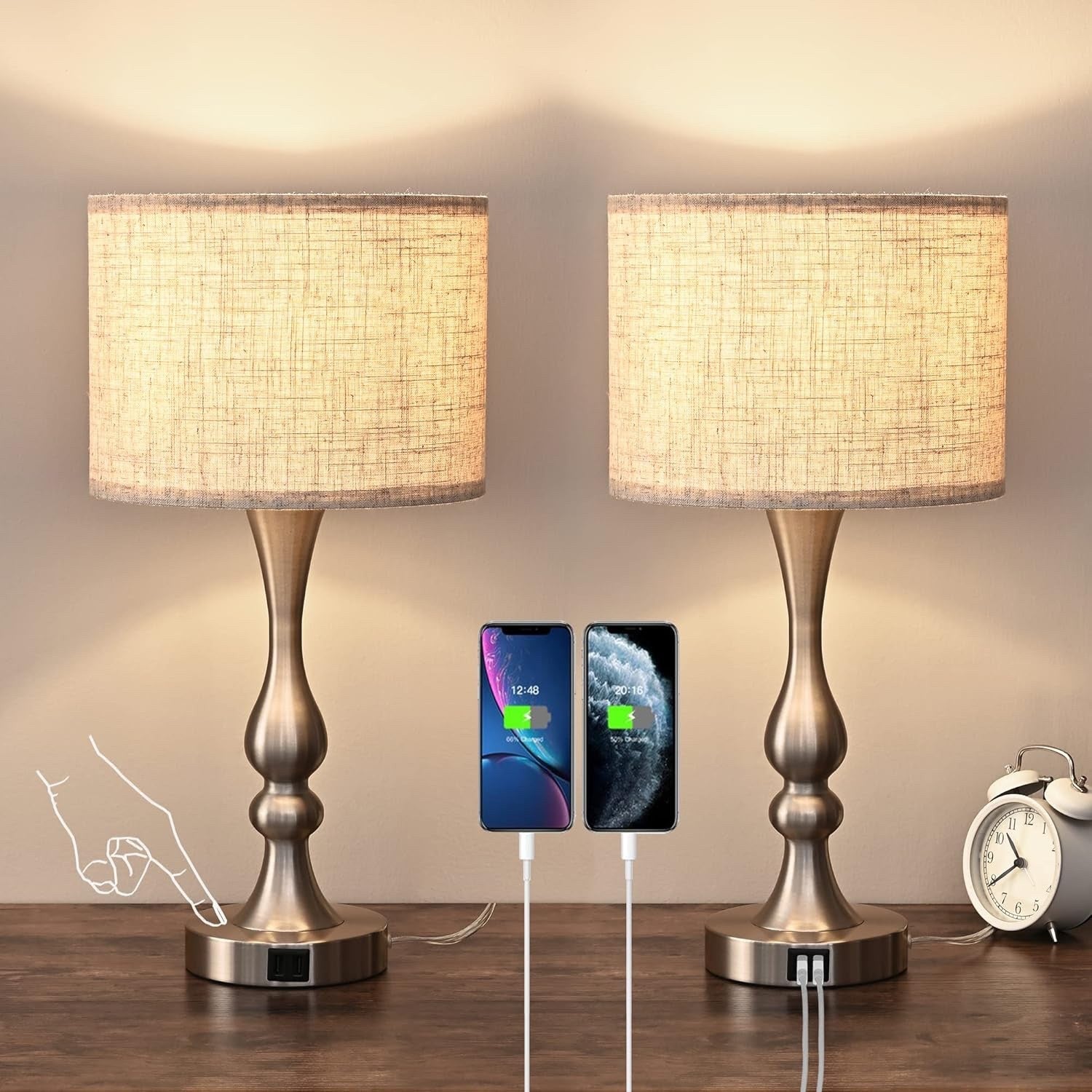 EDISHINE Bedside Lamps Set of 2 - 3 Way Dimmable Touch Lamp with USB Charging