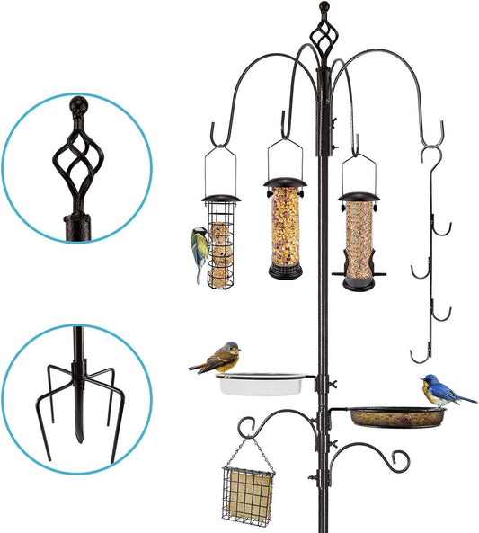 Bird Feeder Feeding Station Pole 231cm 6 Feeders Metal Garden Stand 5 Prong Base