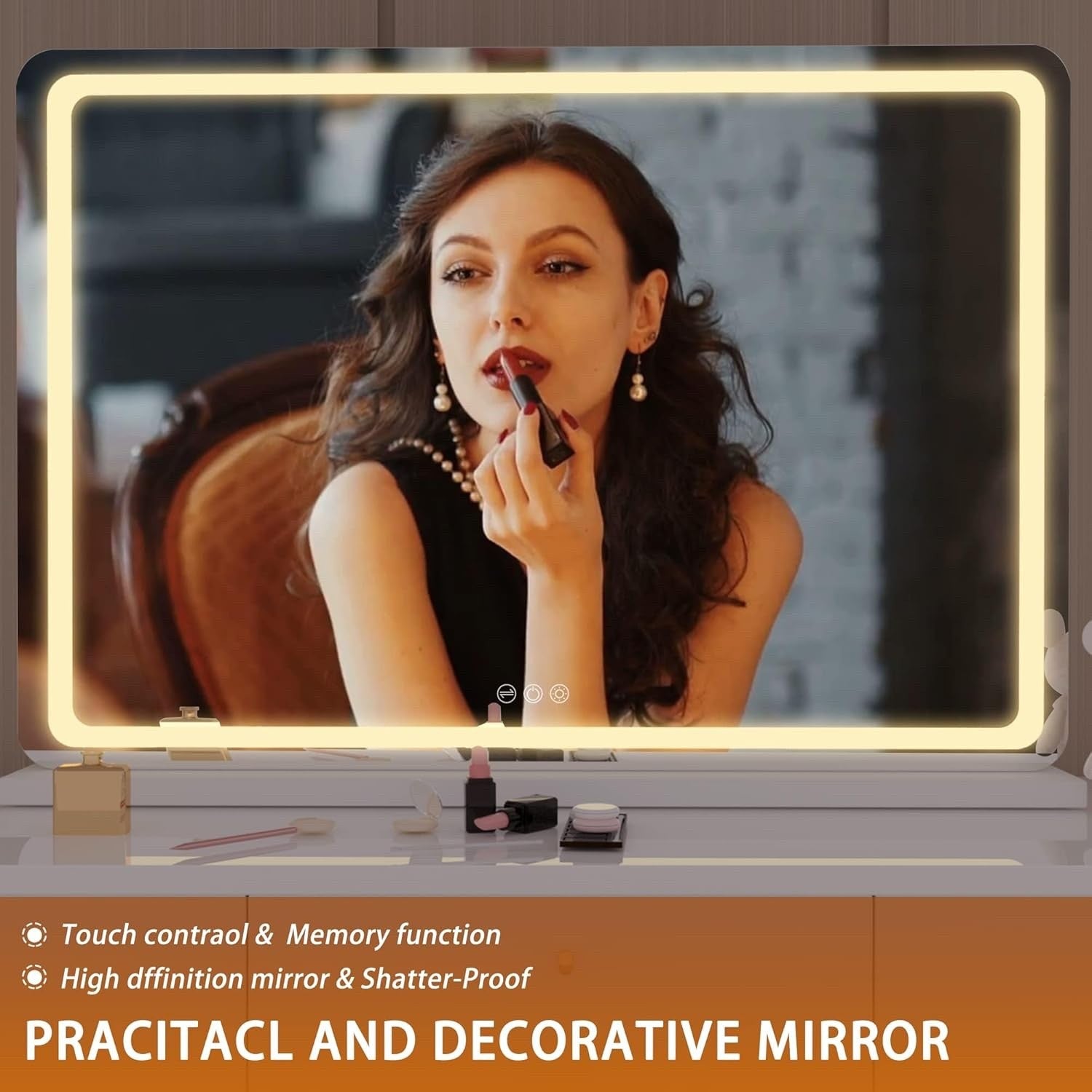 LED Vanity Makeup Mirror 100x75cm Lighted Dimmable 3 Color Touch Control