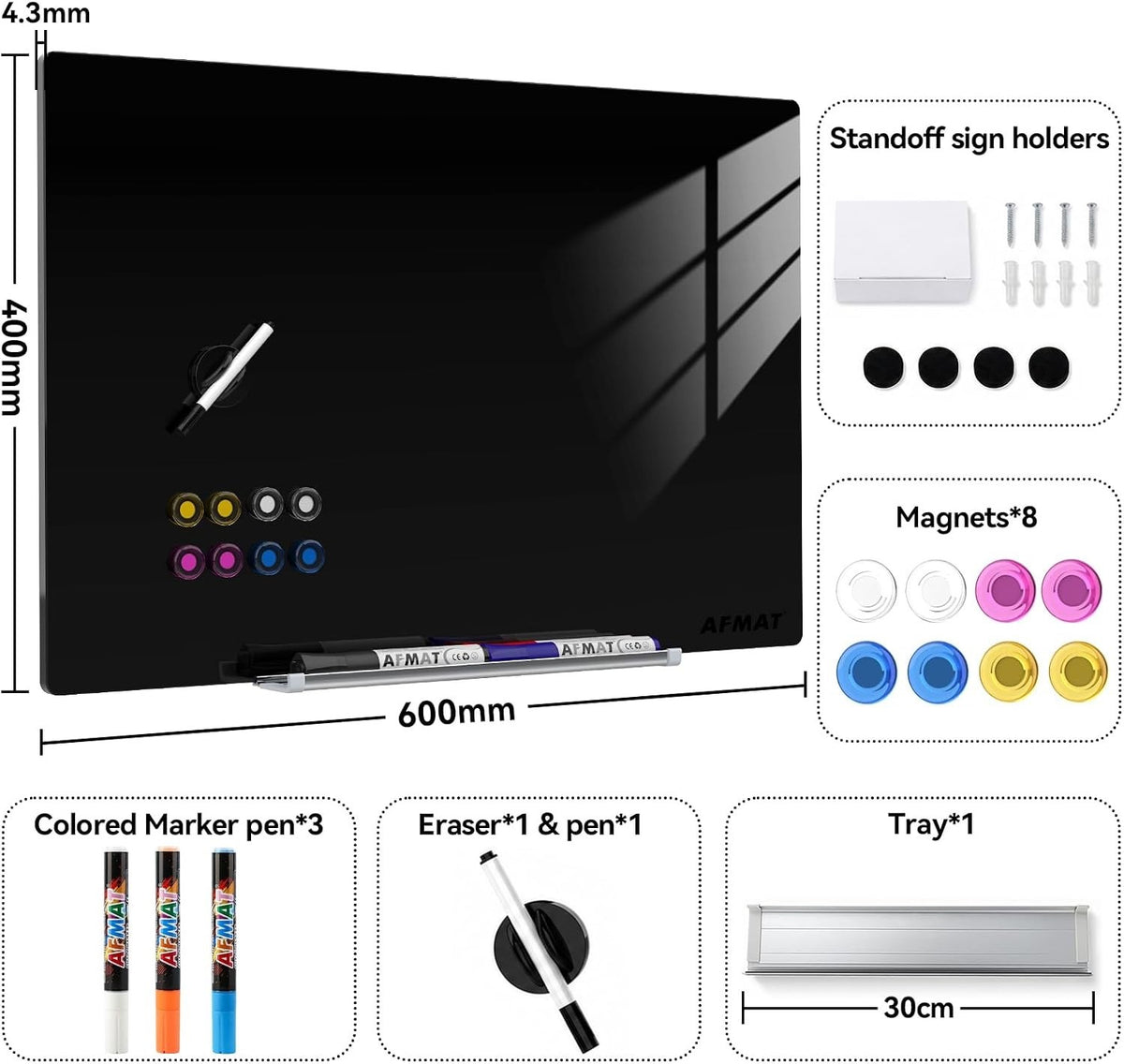 Glass Whiteboard Magnetic Dry Erase 60x40cm Frameless Tempered Wall Black Marker