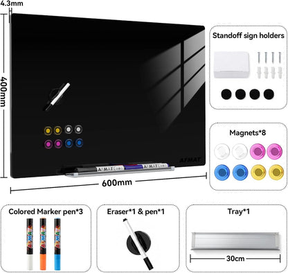 Glass Whiteboard Magnetic Dry Erase 60x40cm Frameless Tempered Wall Black Marker
