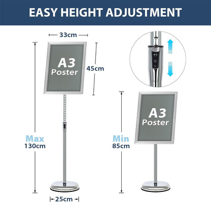 A3 Poster Sign Holder Stand Adjustable Height Floor Standing Silver Snap Frame