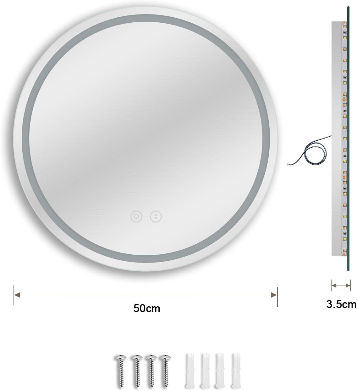 LED Bathroom Mirror Round 500mm Illuminated Anti Fog Demister Dimmable 3 Colour 