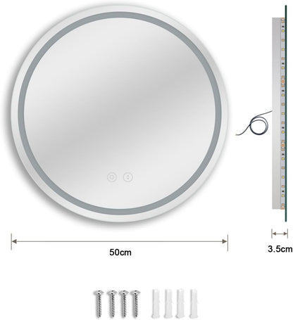 LED Bathroom Mirror Round 500mm Illuminated Anti Fog Demister Dimmable 3 Colour 