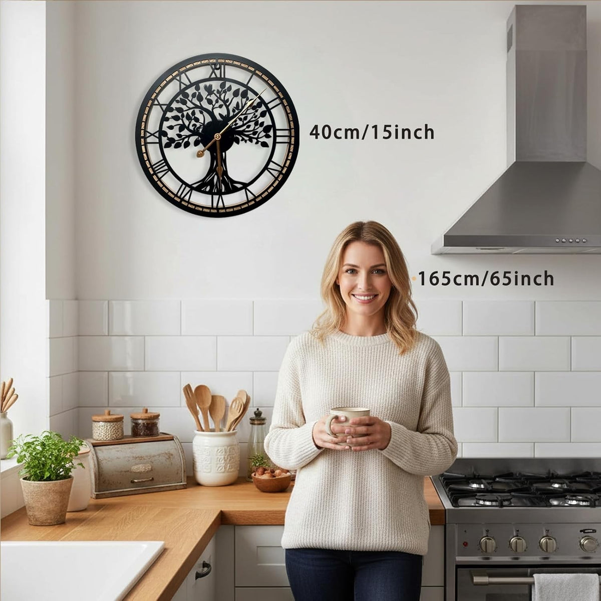 Tree of Life Wall Clock 40cm Large Black Metal Silent Non Ticking Quartz Home