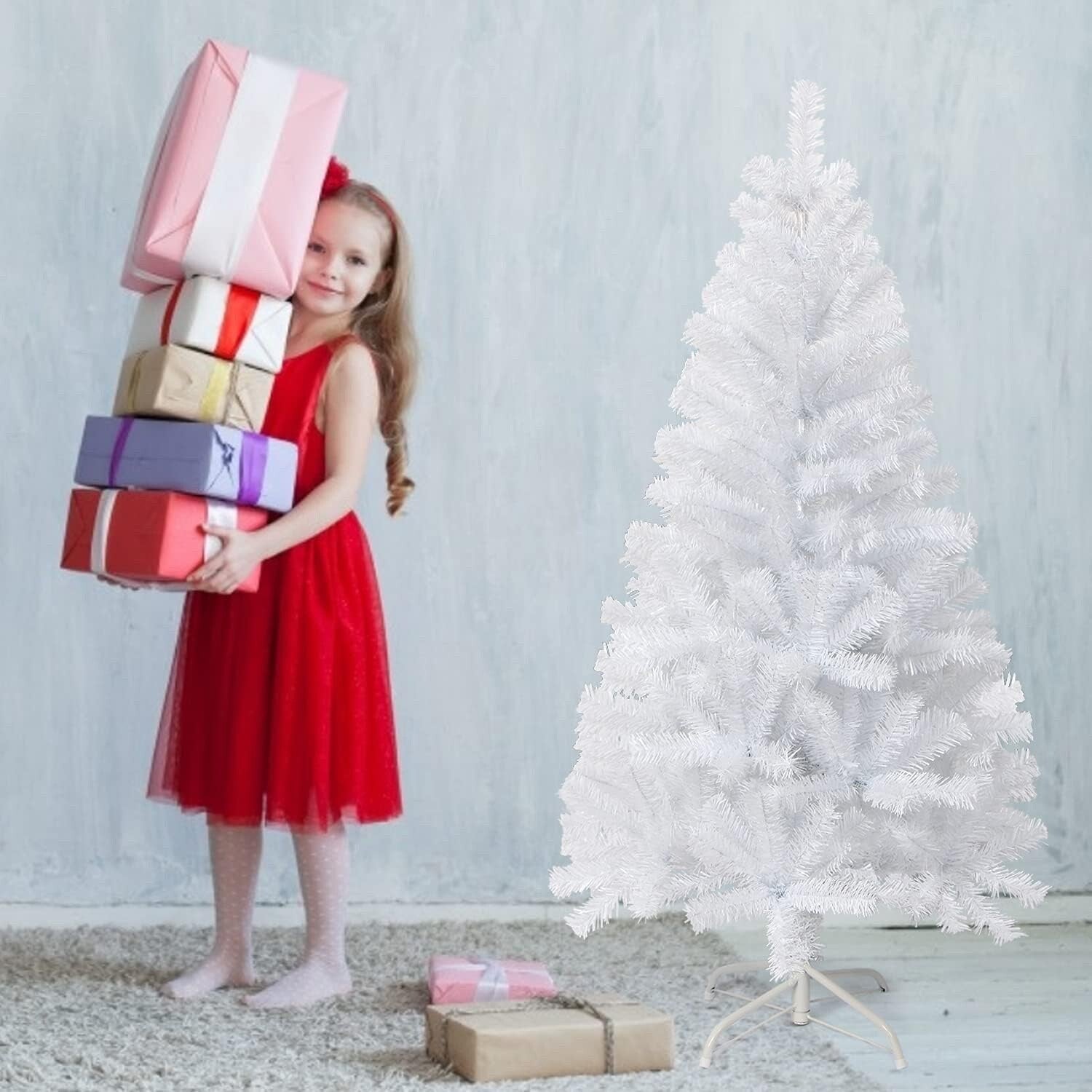 VEYLIN 4FT White Artificial Christmas Tree 320 Tips Full Realistic Metal Stand