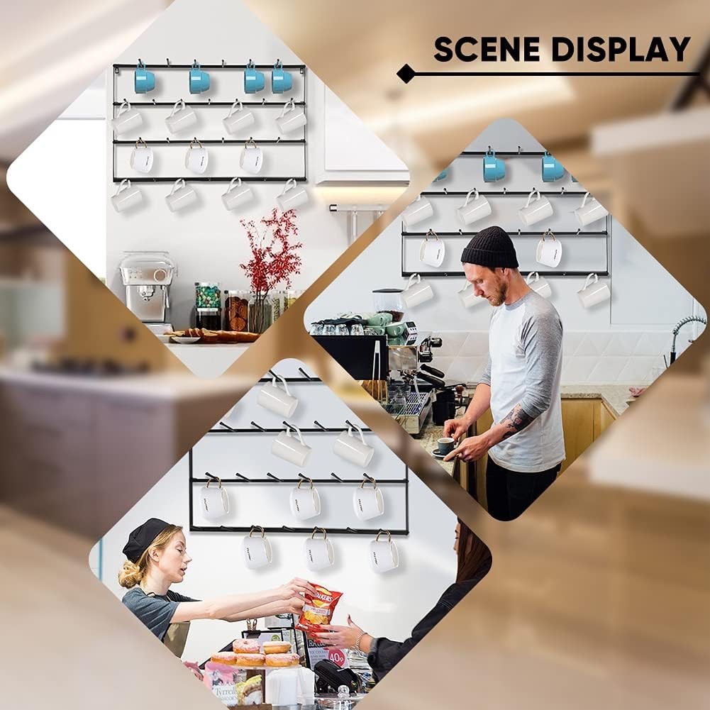 Wall Mounted Mug Holder 4 Tier Wrought Iron Coffee Cup Rack Black