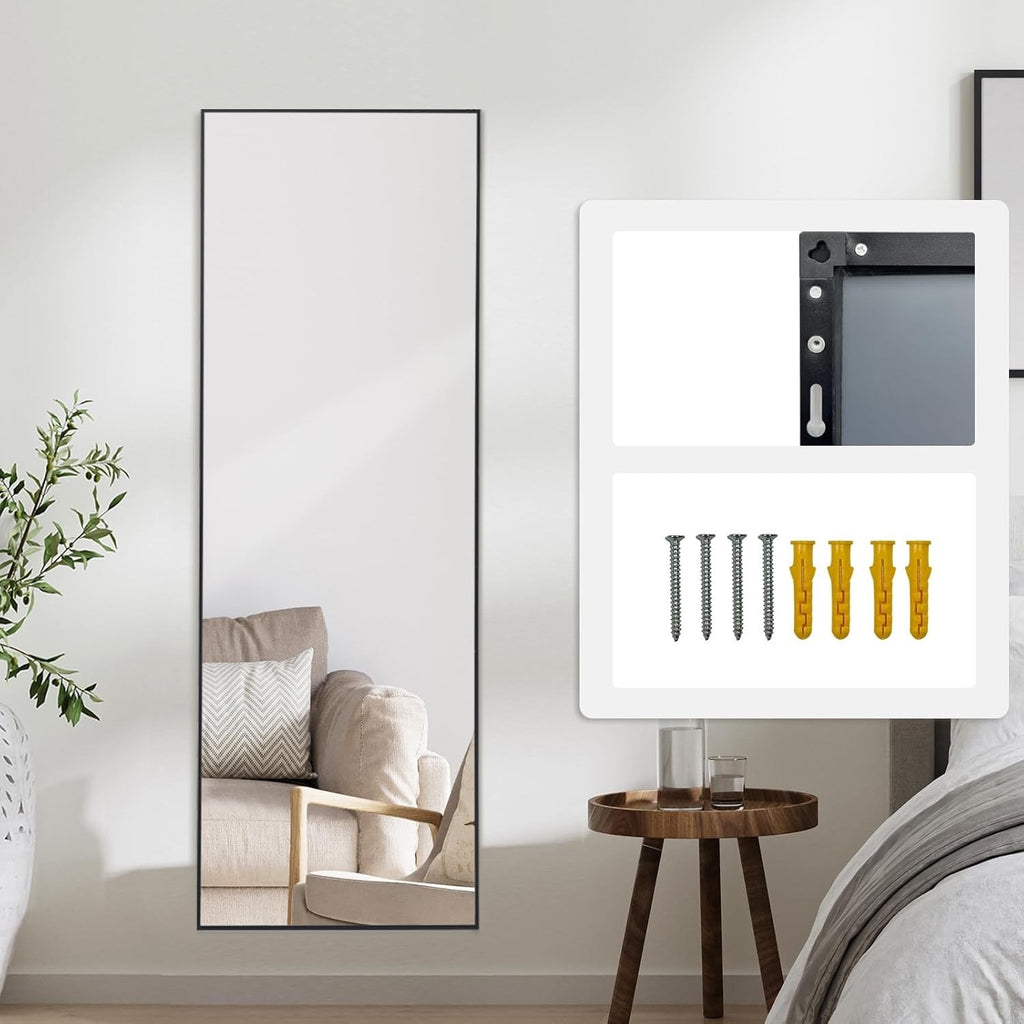 Over Door Full Length Mirror 122x35cm Black Aluminium Frame Bedroom Wall