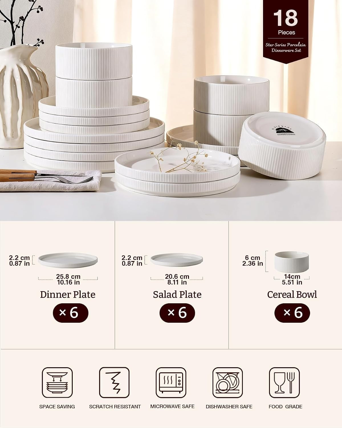 Dinner Plates Bowls Set 18 Piece White Ceramic Dinnerware Dishwasher Safe for 6
